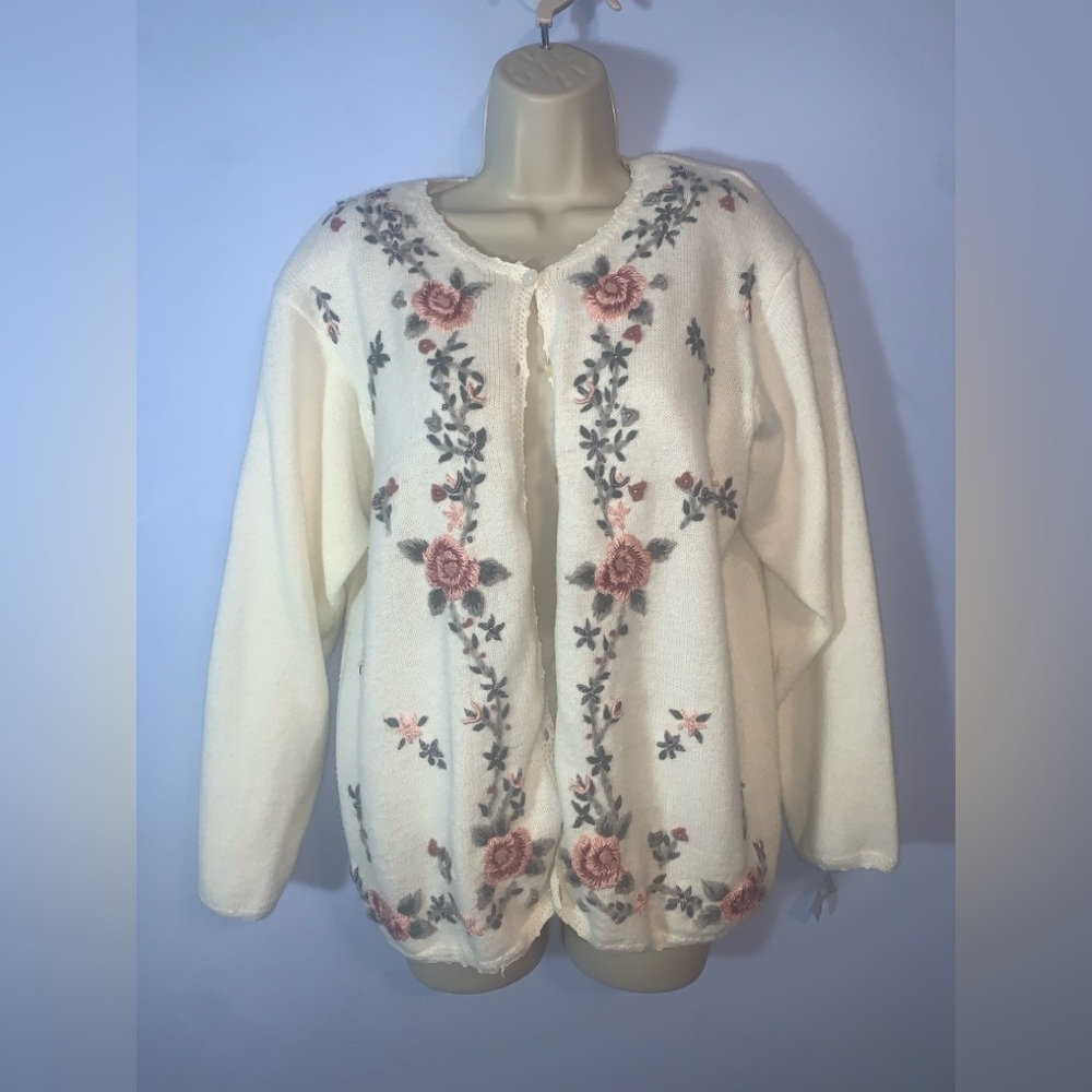 Alfred Dunner Cream soft Cardigan pink Floral Embroidery crochet trim large vtg